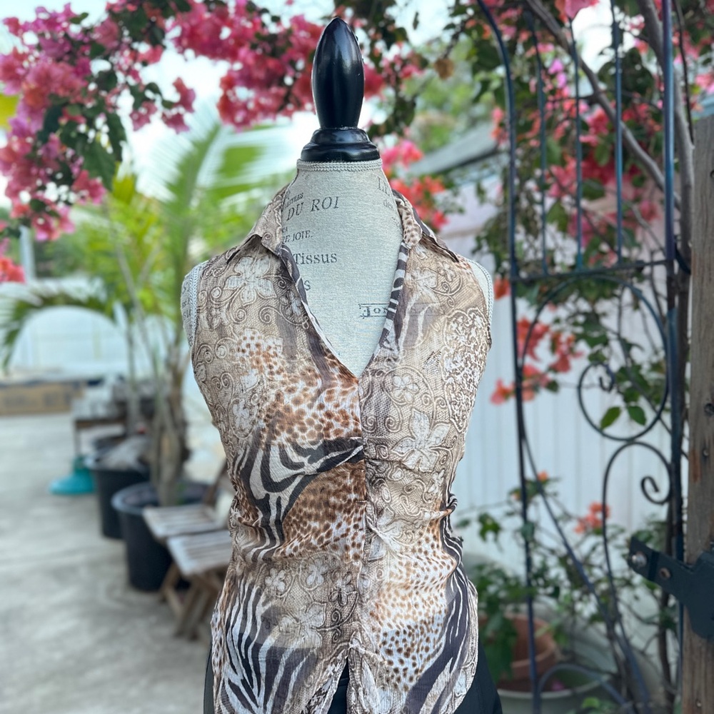 Guess by Marciano Brown and Tan Animal Print Button-Down Top